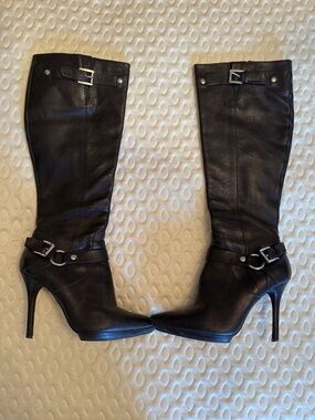 Michael Kors Black Leather Knee-High Stiletto Boots with Buckle Detail